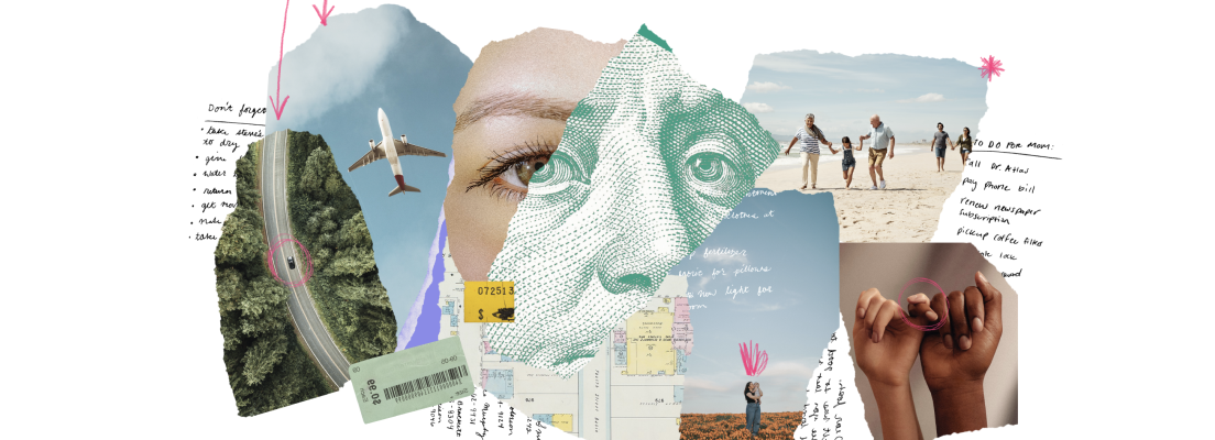 A collage of images. The focal point is a face aligned with the face on a dollar bill.
