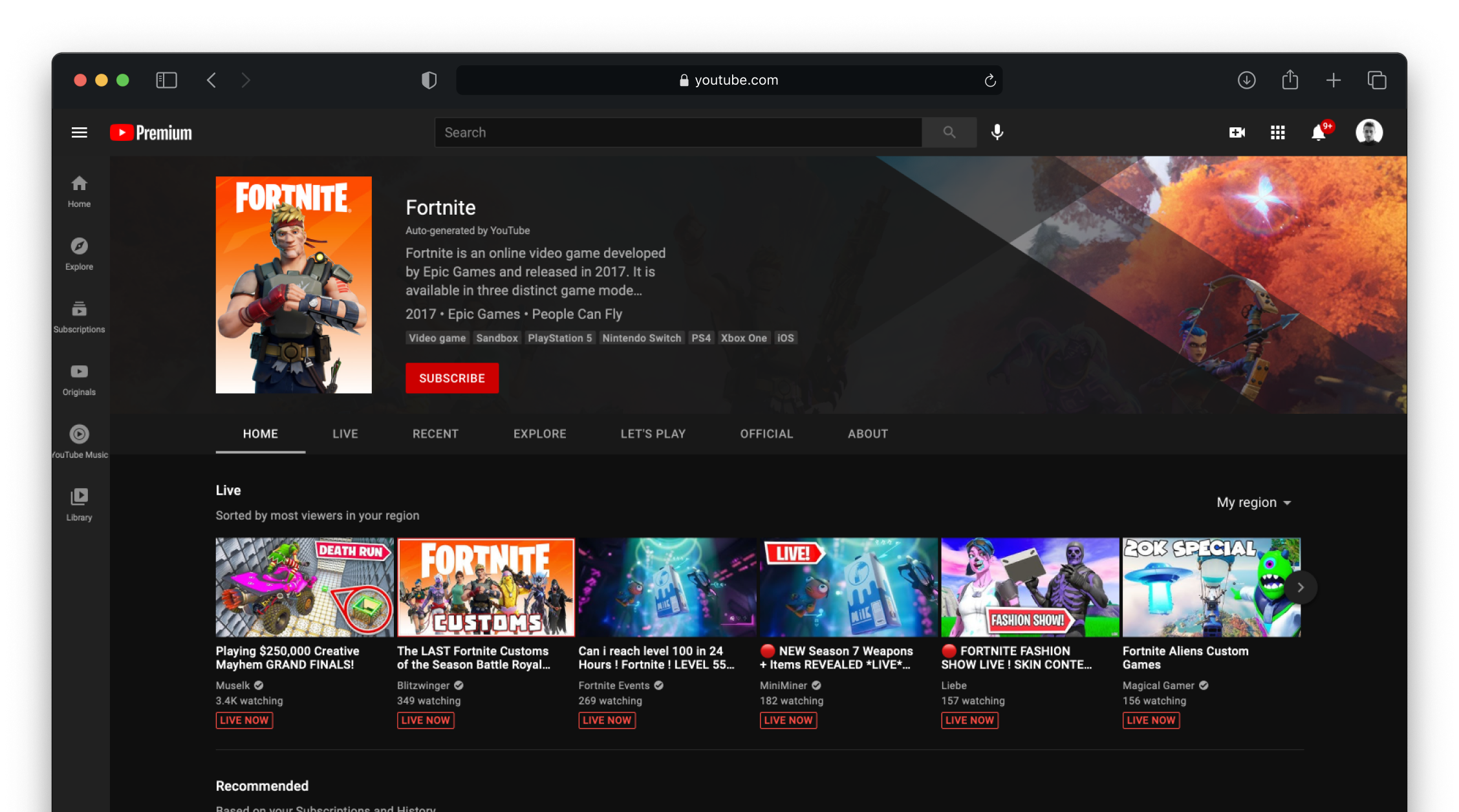 The YouTube website on a page dedicated to the game Fortnite